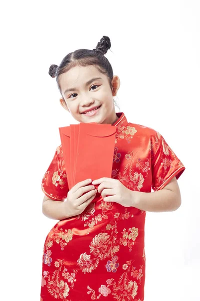 Criança Chinesa Asiática Feliz Recebendo Presente Monetário Pacote Papel Vermelho — Fotografia de Stock