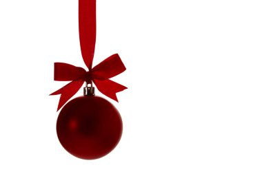 beyaz zemin üzerine kırmızı fiyonklu kırmızı Noel top