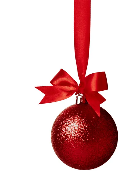 Red Christmas Ball Red Bow White Background — Stock Photo, Image