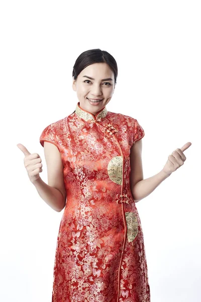 Belleza Mujer Usar Cheongsam Sonreír Usted Chino Año Nuevo —  Fotos de Stock