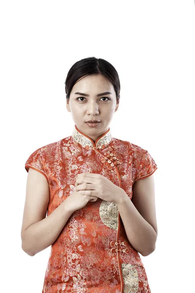 Belleza Mujer Usar Cheongsam Sonreír Usted Chino Año Nuevo — Foto de Stock