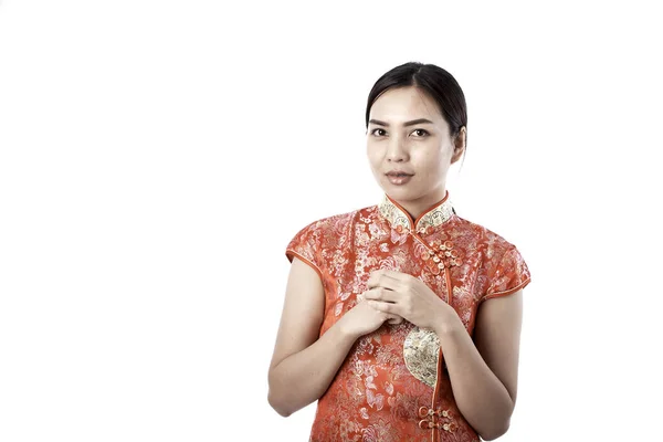 Belleza Mujer Usar Cheongsam Sonreír Usted Chino Año Nuevo — Foto de Stock