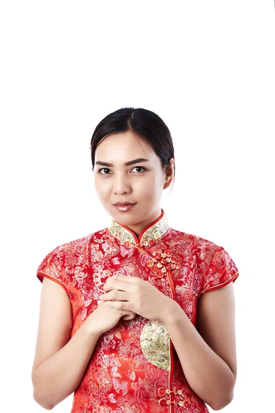 快乐的中国新年2018概念 美丽的中国妇女在中国传统礼服 — 图库照片