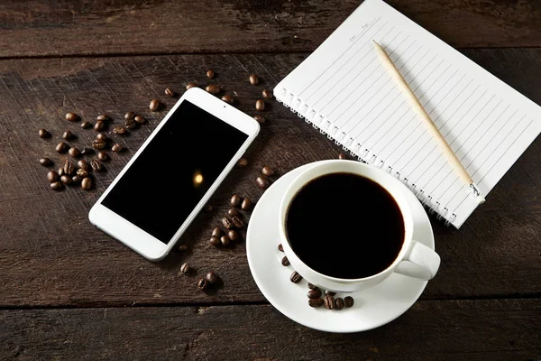 Kreatív Látkép Fentről Másolás Hely Irodai Asztal Mobiltelefon Kávé Fából — Stock Fotó