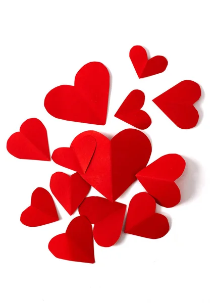 Corações Papel Vermelho Isolado Fundo Branco Valentines Estilo Mínimo Flat — Fotografia de Stock