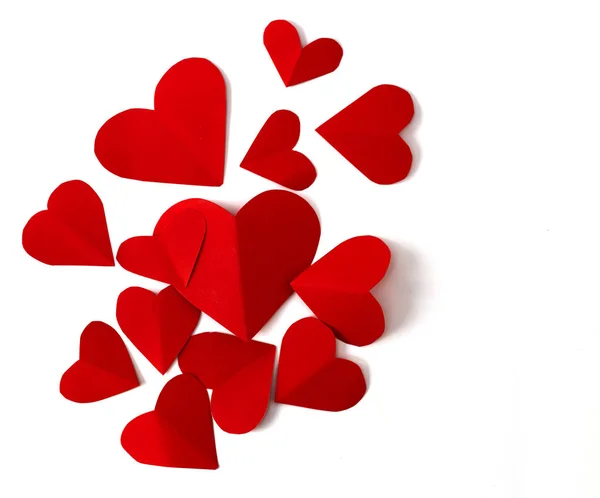Corações Papel Vermelho Isolado Fundo Branco Valentines Estilo Mínimo Flat — Fotografia de Stock