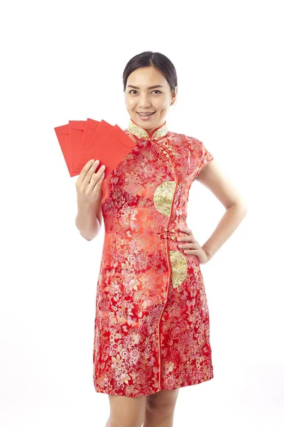 Feliz Año Nuevo Chino Sonriente Asiático Mujer Holding Rojo Sobre — Foto de Stock