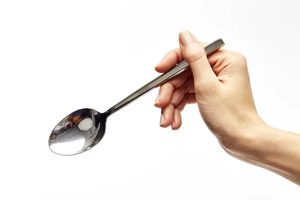 Woman Right Hand Holds Spoon White Background — Stock Photo, Image