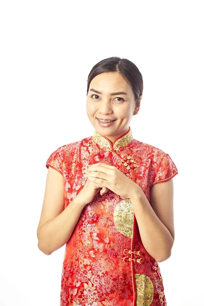 Feliz Año Nuevo Chino Retrato Bendición Muchacha China Asiática Qipao — Foto de Stock