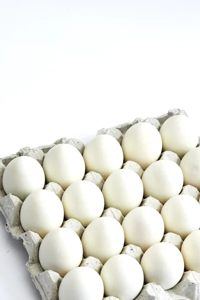 Huevos Blancos Una Gallina Embalaje Cartón Inofensivo Sobre Fondo Blanco —  Fotos de Stock