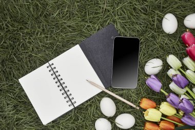 Renkli Lale boş Not ile. Ve çimlerin üstünde siyah kahve kupa koymak. Paskalya, Bahar kavramı. Düz yatıyordu, en iyi görünüm, kopya alanı.