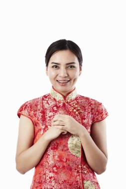 Mutlu çene yeni yıl 2018 kavramı, geleneksel Çince güzel Çinli kadın Giydir