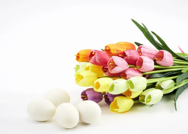 Easter Eggs Tulips White Easter Holiday Concept Copy Space Text — Stock Photo, Image