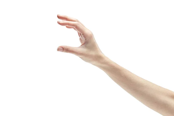 Mão da mulher medindo itens invisíveis no branco — Fotografia de Stock