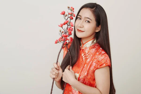 Mujer en vestido rojo chino tradicional con flores de ciruela — Foto de Stock