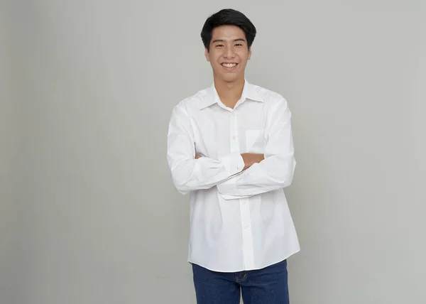 Estudio Disparo Joven Asiático Guapo Hombre Negocios Pared Sobre Gris — Foto de Stock