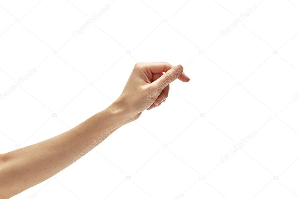 Empty open asian woman hand is reach out for get something isolated on white background