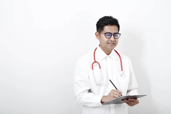 Smart Handsome Asian Bearded Medical Doctor Glasses Stethoscope Isolated White — Stock Photo, Image