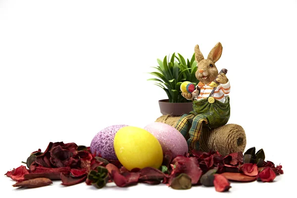 Decorative Easter Eggs Rabbit White Background Copy Space Textured Banner — Stock Photo, Image