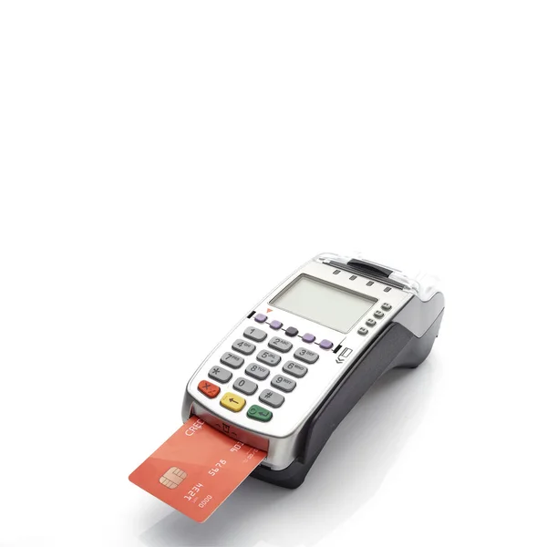 白地に隔離されたクレジットカード決済を取得するために処理するために手の無線近代的な銀行決済端末を保持する男性の閉鎖 — ストック写真