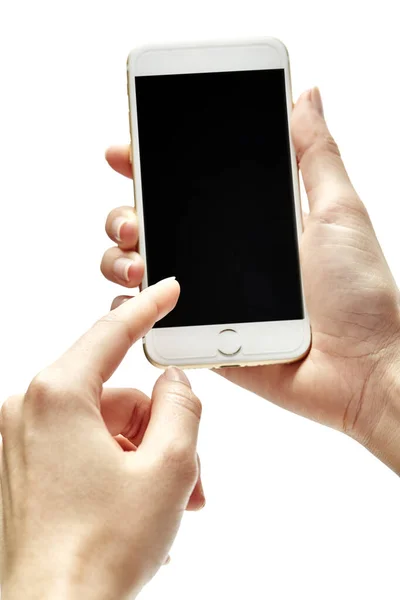 Mulher Mão Segura Tela Sensível Toque Smartphone Celular Isolado Branco — Fotografia de Stock