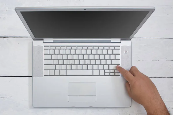 Flat Lay Man Using Laptop Computer White Wooden Texture Background — стоковое фото