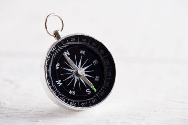 Beyaz tahta masa arka planında pusula, yön, seyahat, rehberlik veya yardım kavramı