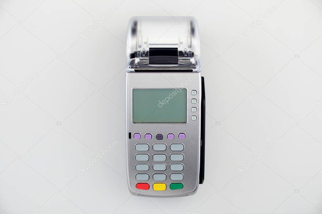 Payment machine mockup. POS terminal confirms the payment by debit credit card, invoce.NFC payments concept. Isometric NFC payments concept, on a white backgroun