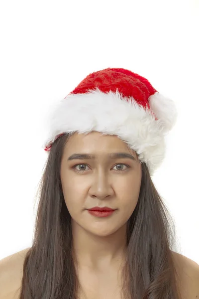 Jolie Jeune Femme Asiatique Chapeau Noël Sur Fond Blanc — Photo