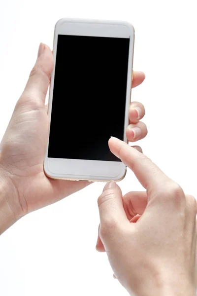 Kvinnlig Hand Innehav Med Hjälp Smart Telefon Vit Bakgrund — Stockfoto