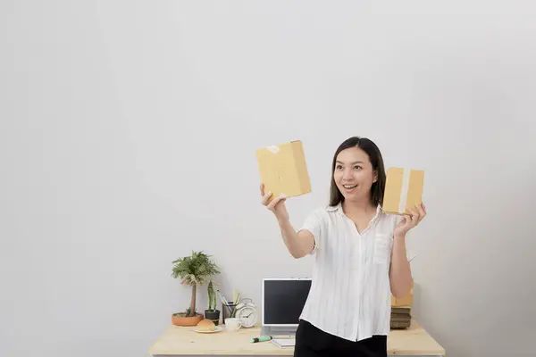 Jonge Thaise Vrouw Bedrijf Online Winkelen Het Werk Vanuit Huis — Stockfoto