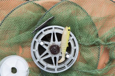 Balıkçılık aksesuarları ve metin için yer ile arka plan