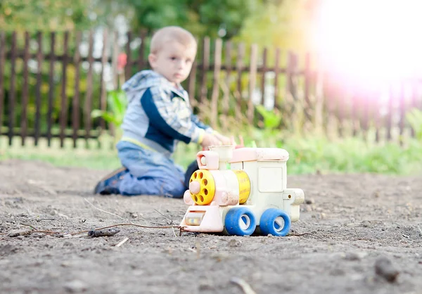 Little Boy Playing Toy Car Children Village — Stock Photo, Image