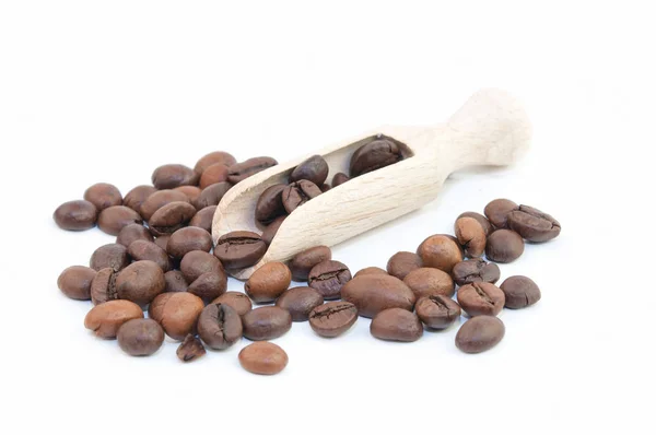 Roasted Coffee Beans Wooden Scoop Isolated White — Stock Photo, Image