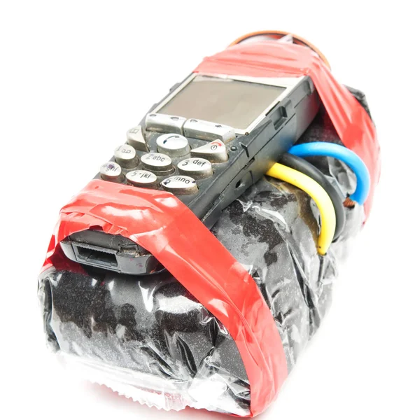 Bomba Relógio Com Telefone Eletrônico Isolado Branco — Fotografia de Stock