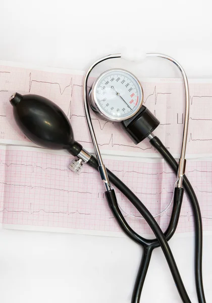 Medical Manometer Lying Cardiogram Chart Closeup — Stock Photo, Image