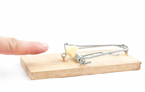 Male Finger Caught Mouse Trap White Background — Stock Photo, Image