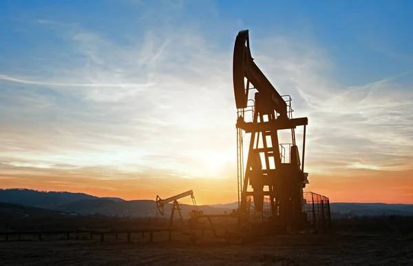 Oil Pumps Oil Industry Equipment Oil Rocking Sunset — Stock Photo, Image