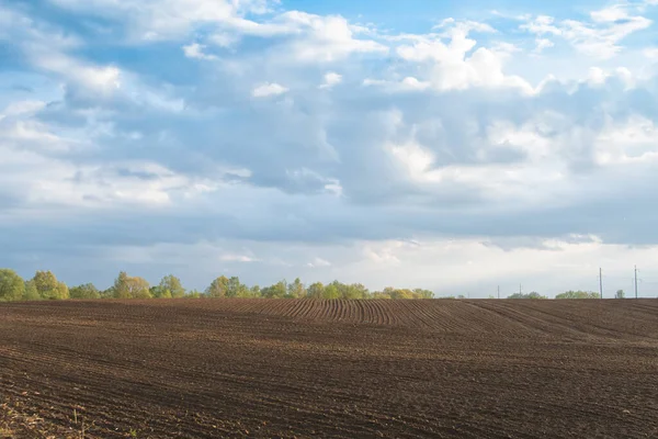 Multicolored European Countryside Spring Landscape Wavy Brown Cultivated Plowed Earth — Stock Photo, Image