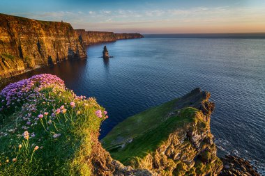İrlanda kırsal turizm cazibe County Clare. Moher kayalıklarla ve castle İrlanda. Epik İrlandalı manzara deniz yaban Atlantik yol boyunca. Güzel doğal Doğa hdr İrlanda.