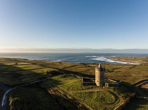 Epic Aerial Scenic Irish Castle landscape view from Doolin in Co