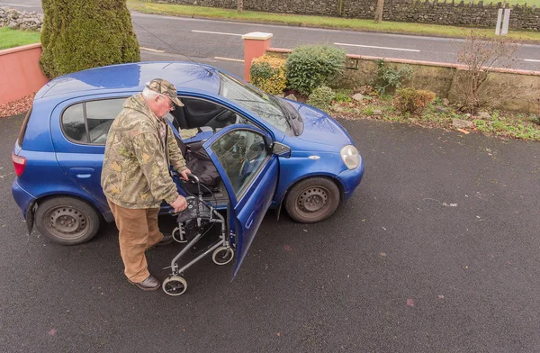Old age male man senior walking to car with Disability MOBILITY LIGHTWEIGHT ROLLATOR FOLDING TRI WALKER WALKING FRAME ZIMMER 3 WHEEL WALKER