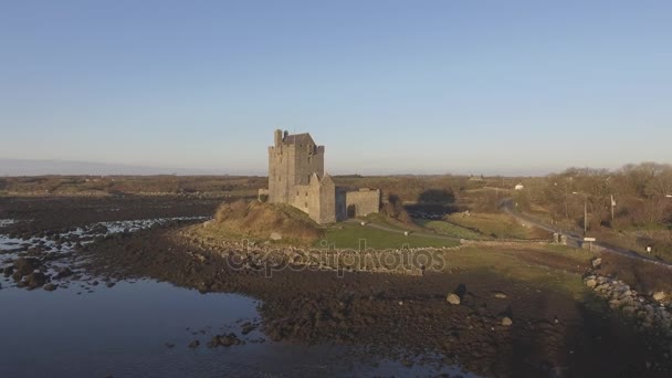 Εναέρια Dunguaire κάστρο ηλιοβασίλεμα το βράδυ, κοντά σε Kinvarra στην κομητεία του Galway, Ιρλανδία - άγρια Ατλαντικού τρόπος διαδρομής. Διάσημο δημόσια τουριστικό αξιοθέατο στην Ιρλανδία. Επίπεδη βίντεο προφίλ — Αρχείο Βίντεο