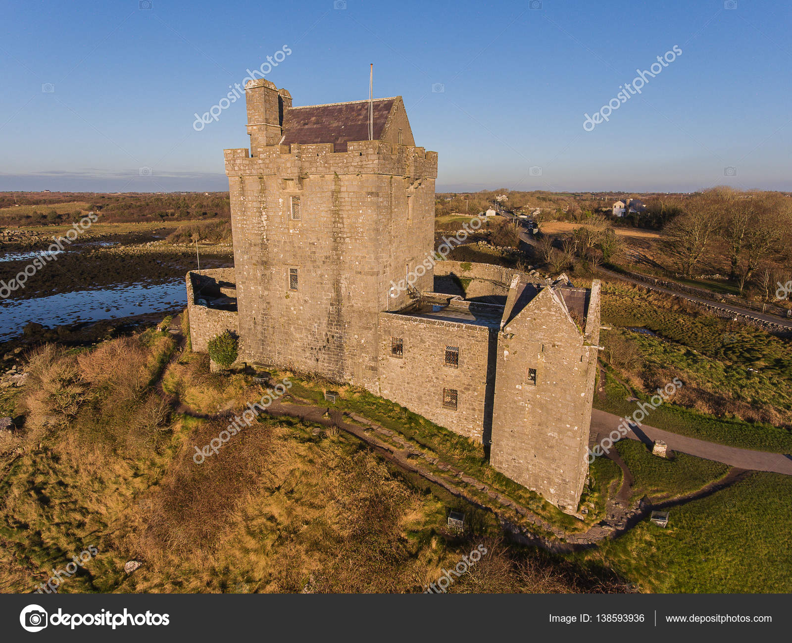 Aerial Dunguaire Castle Evening Sunset, near Kinvarra in County Galway ...