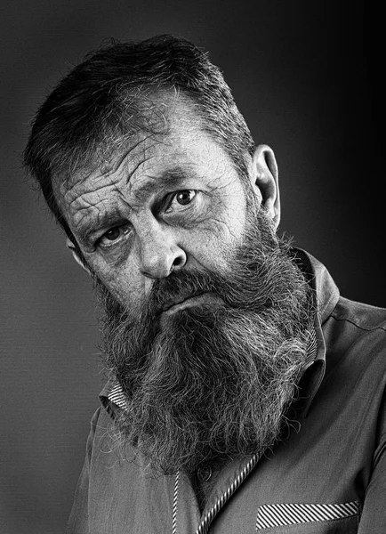 Black and white portrait picture of a senior man with a full beard. Close up head shot with close up of face. Grumpy serious facial expression.