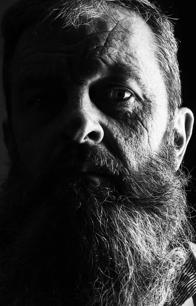 Black and white portrait picture of a senior man with a full beard. Close up head shot with close up of face. Grumpy serious facial expression.