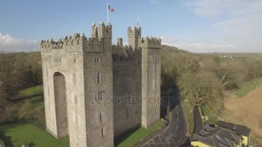 Bunratty Castle ve Durty Nelly'nın Pub, İrlanda - Jan 31 2017: Hava görünümü ve İrlanda'nın en ünlü Castle County Clare, İrlanda barı. Ünlü dünya turizm cazibe. Bunratty Castle.