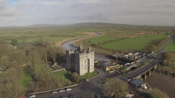 Kasteel van Bunratty en Durty Nelly's Pub, Ierland - Jan 31 2017: luchtfoto van Ierlands beroemdste kasteel en Irish Pub in County Clare. Wereld beroemde toeristische attractie. Kasteel van Bunratty. — Stockvideo