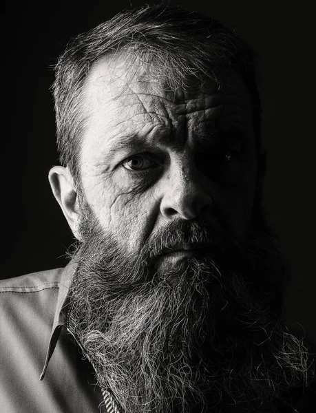 Retrato de estudio de hombre completamente barbudo en blanco y negro. Cara de primer plano con expresión facial . — Foto de Stock