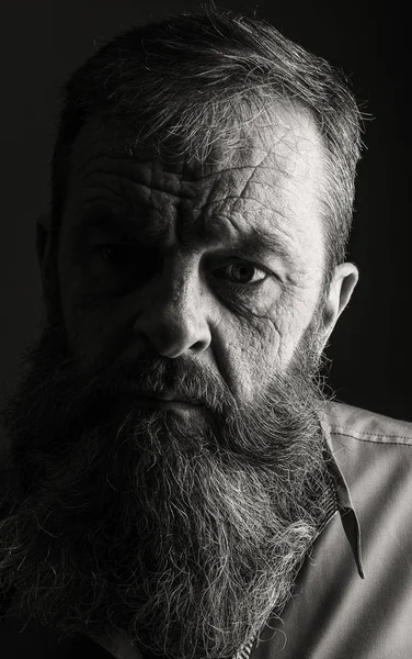 Retrato de estudio de hombre completamente barbudo en blanco y negro. Cara de primer plano con expresión facial . — Foto de Stock